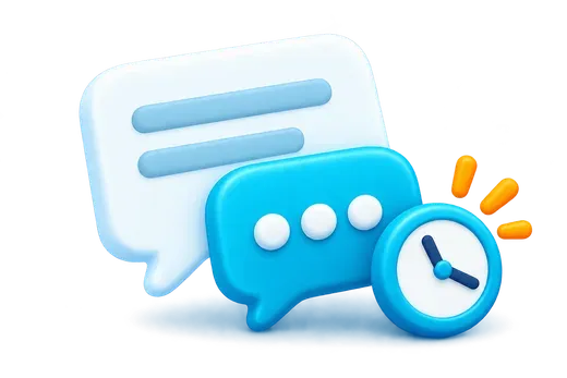 Two message bubbles and a clock representing a timely follow-up