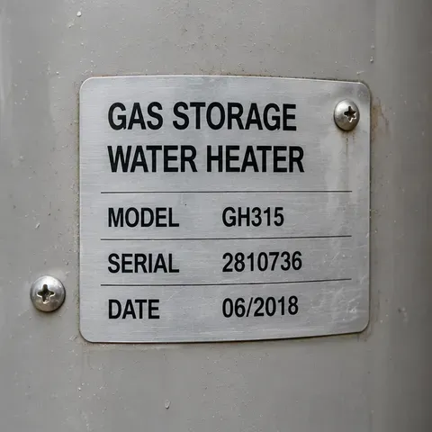 Illustrative close-up of the gas storage water heater’s model label