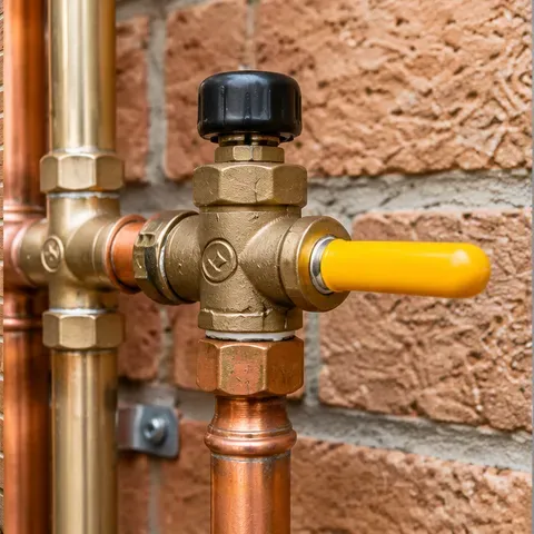 Illustrative close-up of the hot-water unit’s brass valve and copper pipework