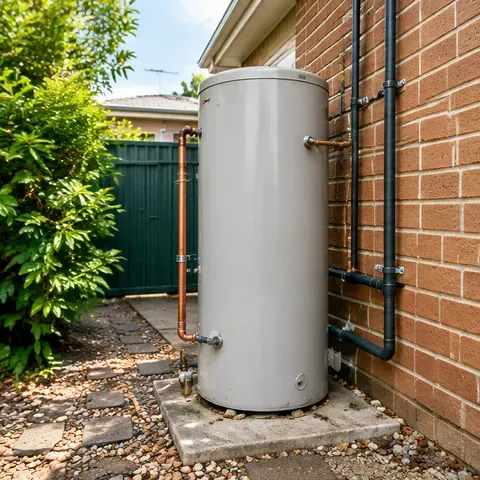 Illustrative photo of an outdoor gas hot-water unit beside a house with clear side-gate access