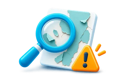 A magnifying glass inspecting peeling paint beside a caution sign